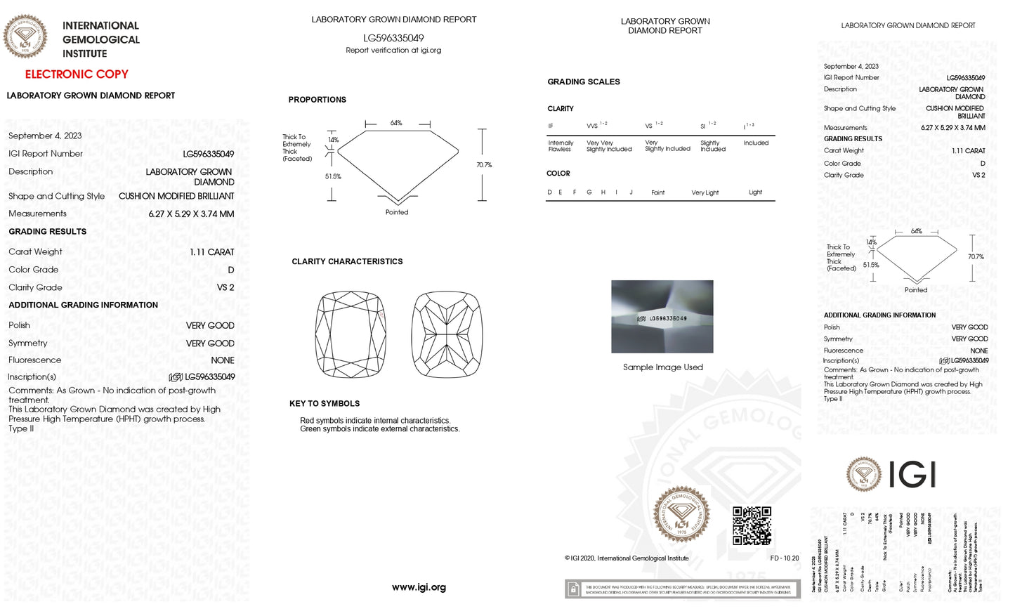 DIAMANTE DE LABORATORIO IGI CORTE CUSHION ALARGADO 1.11CT