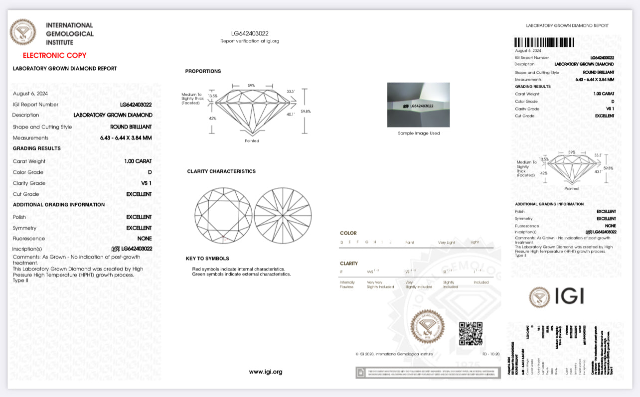 DIAMANTE DE LABORATORIO IGI 1.00 CT CORTE BRILLANTE