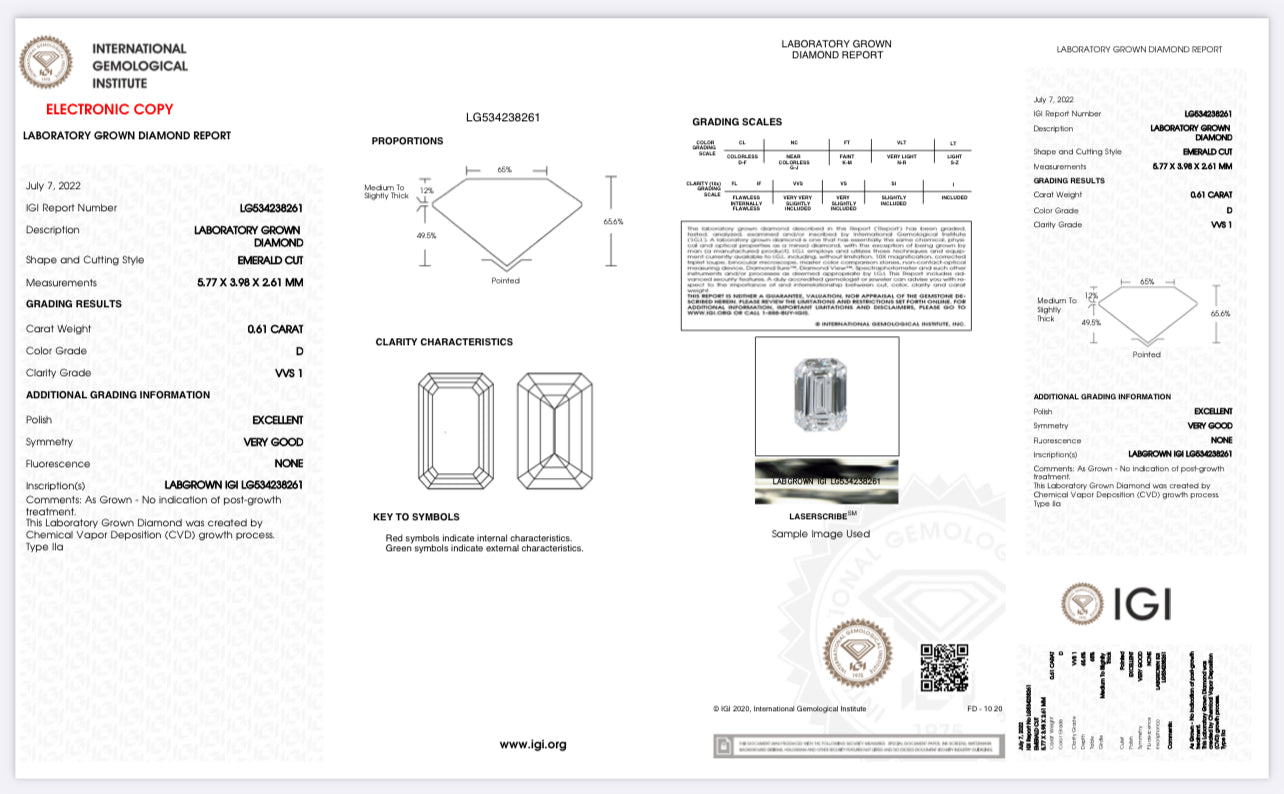 DIAMANTE DE LABORATORIO IGI 0.61 CT CORTE ESMERALDA