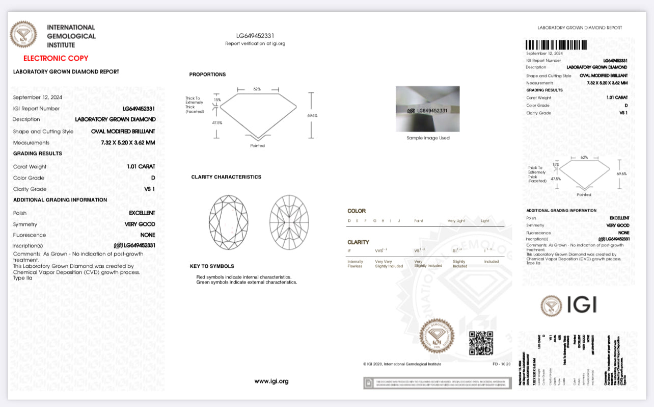 DIAMANTE DE LABORATORIO IGI 1.01 CT CORTE OVAL