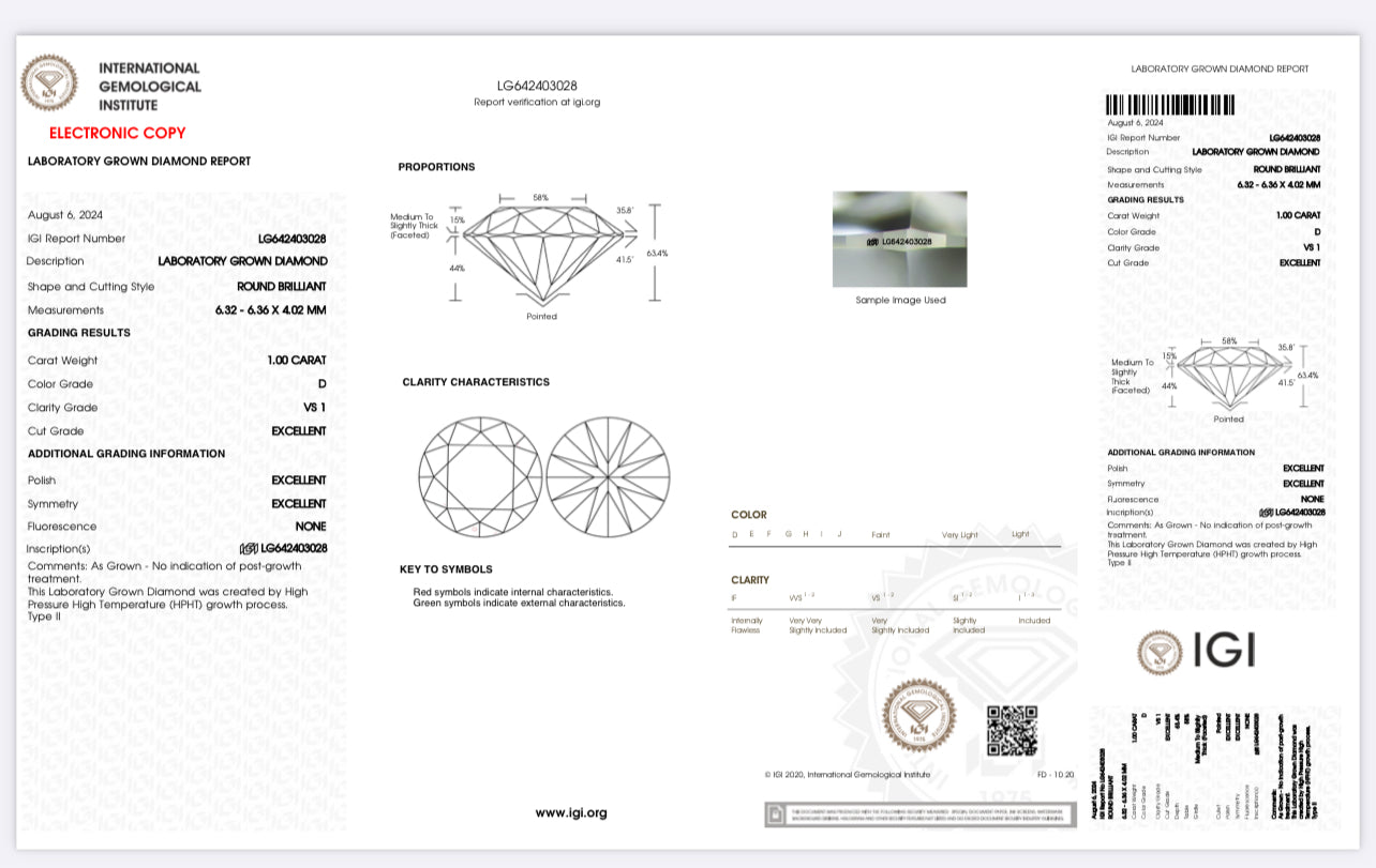 DIAMANTE DE LABORATORIO IGI 1.00 CT CORTE BRILLANTE