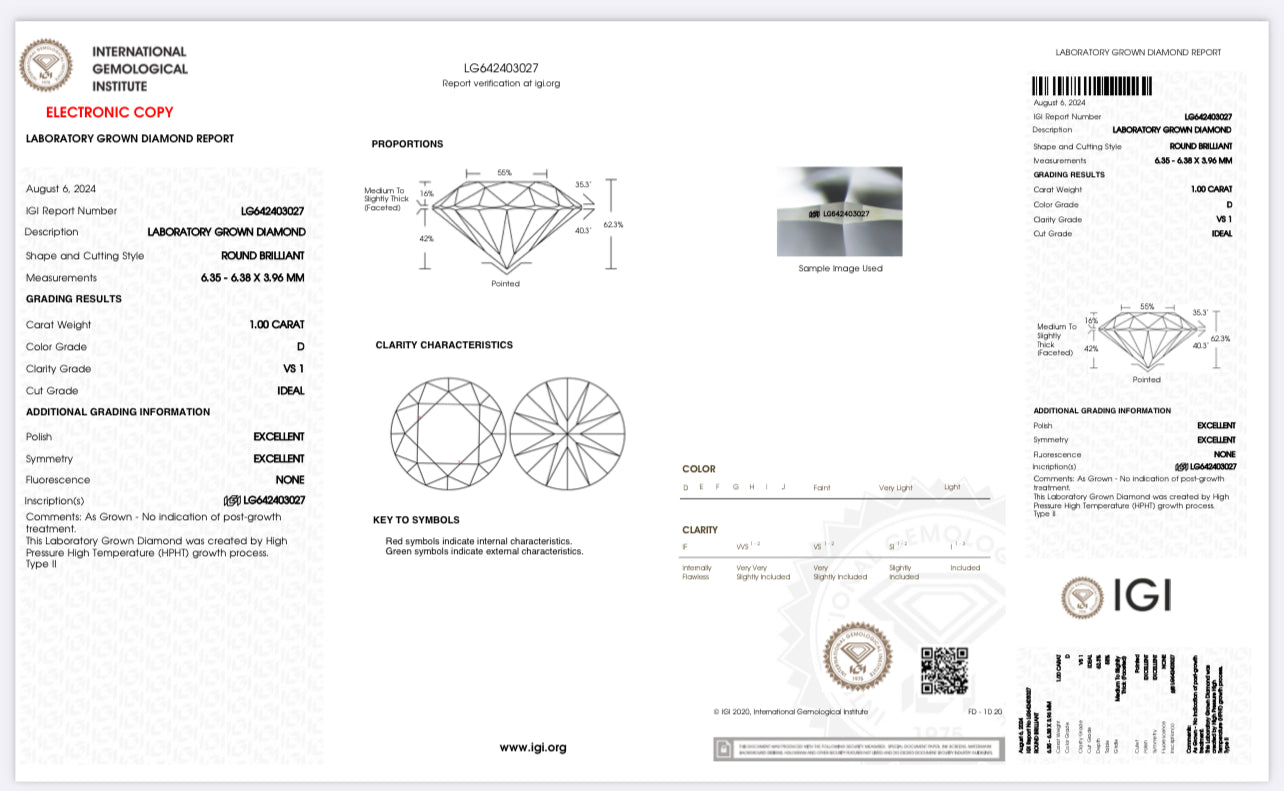 DIAMANTE DE LABORATORIO IGI 1.00 CT CORTE BRILLANTE