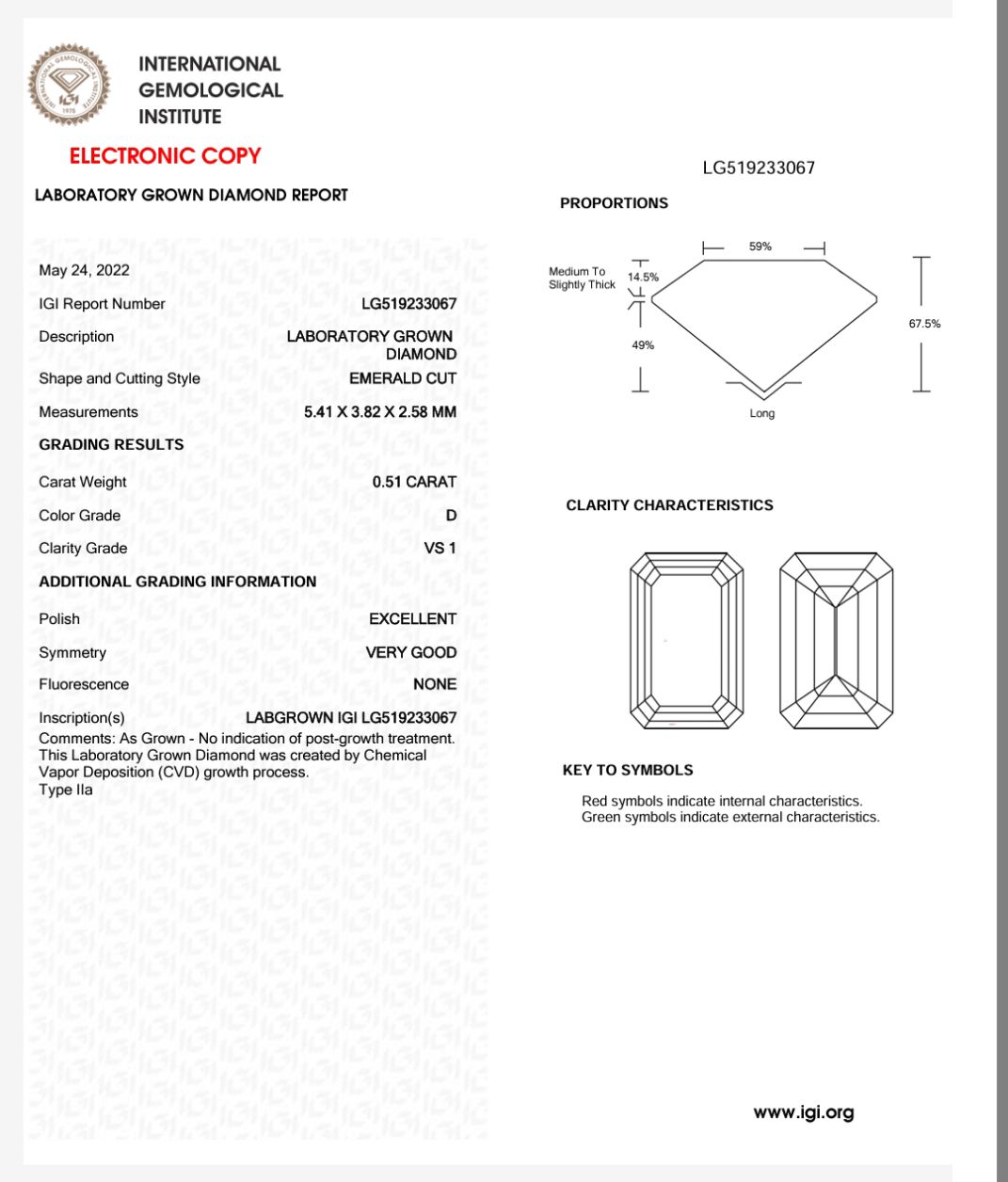 DIAMANTE DE LABORATORIO IGI CORTE ESMERALDA 0.51 CT