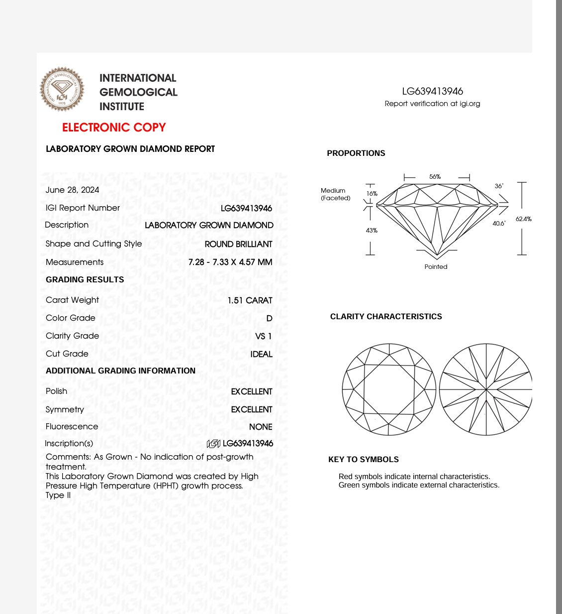 DIAMANTE DE LABORATORIO IGI CORTE BRILLANTE 1.51 CT